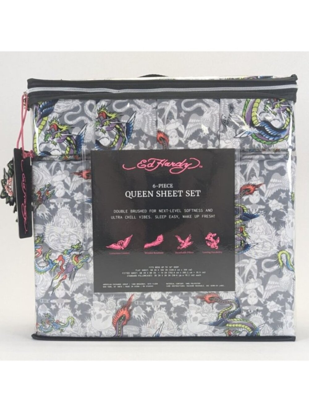 Ed Hardy Queen Sheet Set 6-Piece w 4 Pillowcases White Gray Tattoo Dragon Skill - Picture 4 of 6